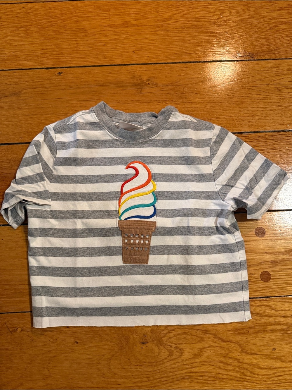Hanna Andersson Gray & White Striped Tee with Rainbow Ice Cream Applique